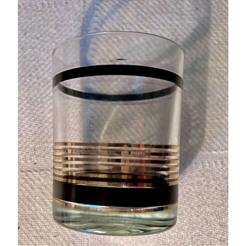 VTG SET 3 MCM Black & Gold Stripe STRIPED Low Ball Rocks Bar Glasses Whiskey